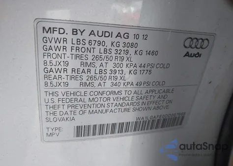 2013 Audi Q7 3.0T Premium из США, поврежденный, VIN WA1LGAFE0DD007668